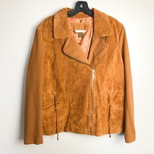 Iman Suede Leather Camel Moto Jacket Drawstring Waist Large